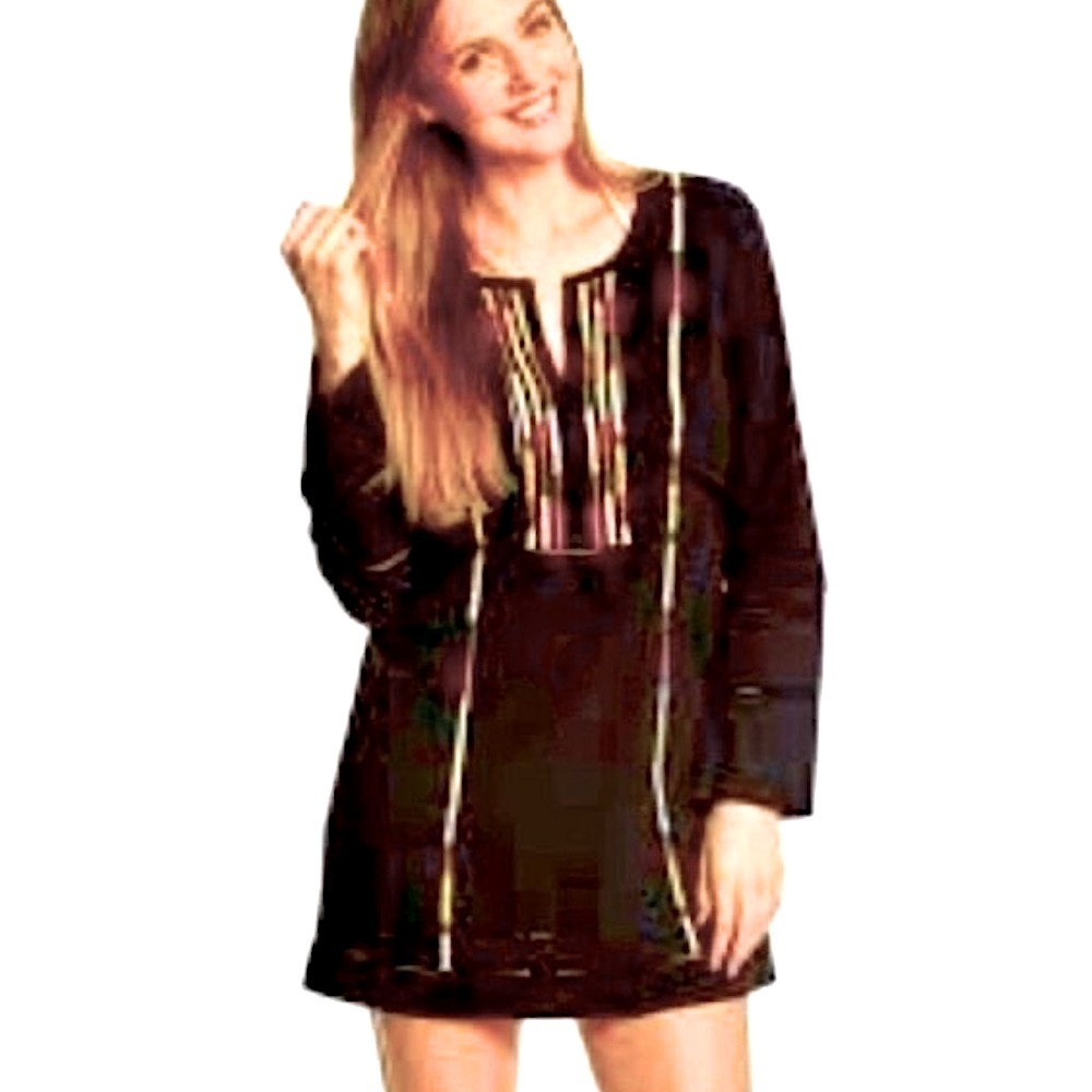 Prana | Women’s black long sleeve mini dress tunic cover up embroidered detail S